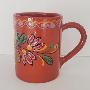 Vintage European Redware Pottery Coffee Tea Mug Hand Painted Floral Leaf Motif